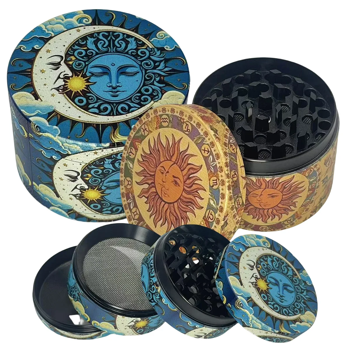 Metal Moon Herb Grinder Boho Sun 4-Layers Salt Spice Mill Pepper Mortar Tobacco Grass Raw Grinder Smoking Kitchen Tool 1.6/2inch