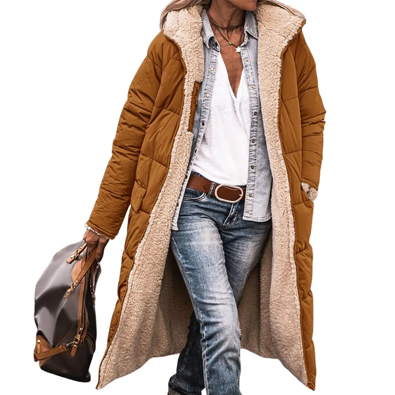 

Solid color hooded cotton-padded jacket long sleeves double-sided winter warm cardigan coat