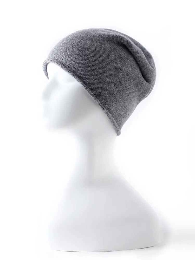 Women 100% Pure Cashmere Beanies Solid Caps Rolled Hem Hat Casual Basic Soft Autumn Winter Real Cashmere Warm Sleep Hair Bonnet 3