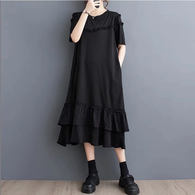 

#3817 Summer Black T Shirt Dress Women Short Sleeves Split Joint Ruffles A-line Tshirt Dress Ladies Mermaid Dress Black Loose