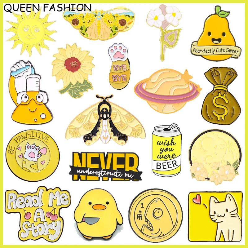 Creativo Giallo Smalto Spille Animale Gatto Anatra Cane Pianta Fiore Sole Lettera Geometrica Birra Lega Spilla Distintivo Gioielli Di Moda Regalo