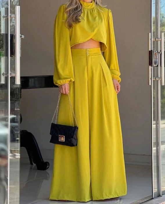 Spring Two Piece Set Women Casual Temperament Commuting Irregular Crop Blouse Top and Button High Waist Ruched Wide Leg Pant Set spring two piece set women casual temperament commuting irregular crop blouse top and button high waist ruched wide leg pant set