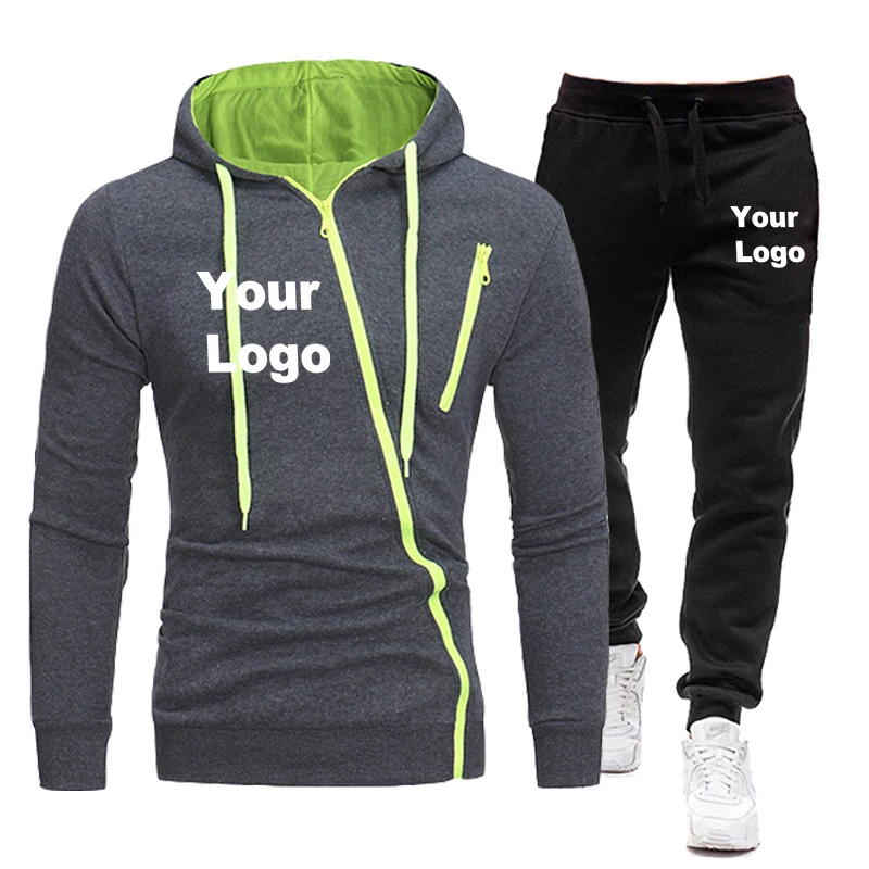 Custom Logo Spring and Autumn Men's New Fashion Multi-Zipper Hooded Sweater Suit Casual Sports Solid Color Sweater Pants Suit