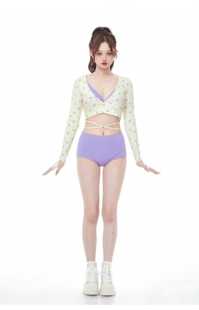 Jiamian Cat Purple Women's Three - Piece Bikini Swimsuit for Hot Springs, Separate Style with Long Sleeves and Tie - Up, Push - 1 Jiamian Cat Purple Women's Three - Piece Bikini Swimsuit for Hot Springs, Separate Style with Long Sleeves and Tie - Up, Push - 1