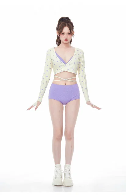 Jiamian Cat Purple Women's Three - Piece Bikini Swimsuit for Hot Springs, Separate Style with Long Sleeves and Tie - Up, Push - 1