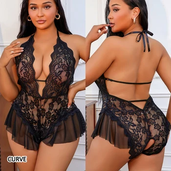 1XL-4XL Curva Sexy Crotchless Lingerie Donna Set reggiseno cavo in pizzo Trasparente Profondo scollo a V Set di biancheria intima sexy Costume erotico taglie forti 1