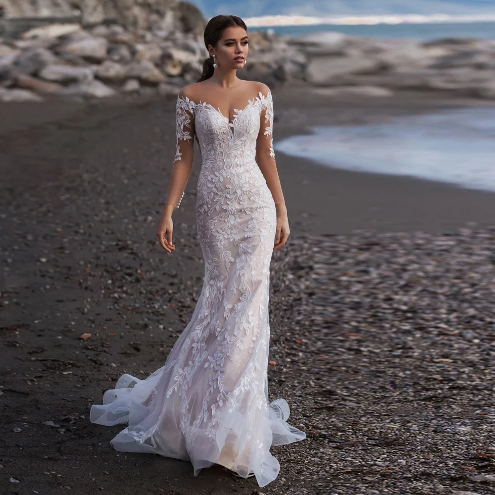 

Beach Long Sleeves Mermaid Tulle Wedding Dress Elegant V-Neck Lace Appliques Illusion Back With Button Bridal Gown Custom Made