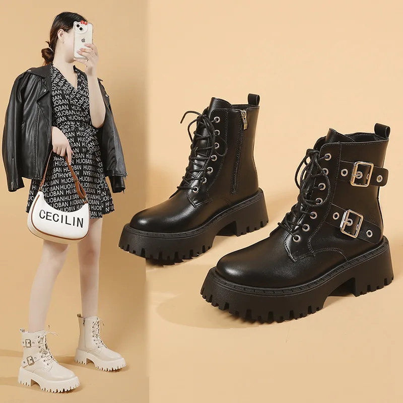 Shoes Female 2023 PU Ankle Women's Boots Classics Modern Boots Women Belt Buckle Round Toe Lace Up Fretwork Heels Ladies Shoes