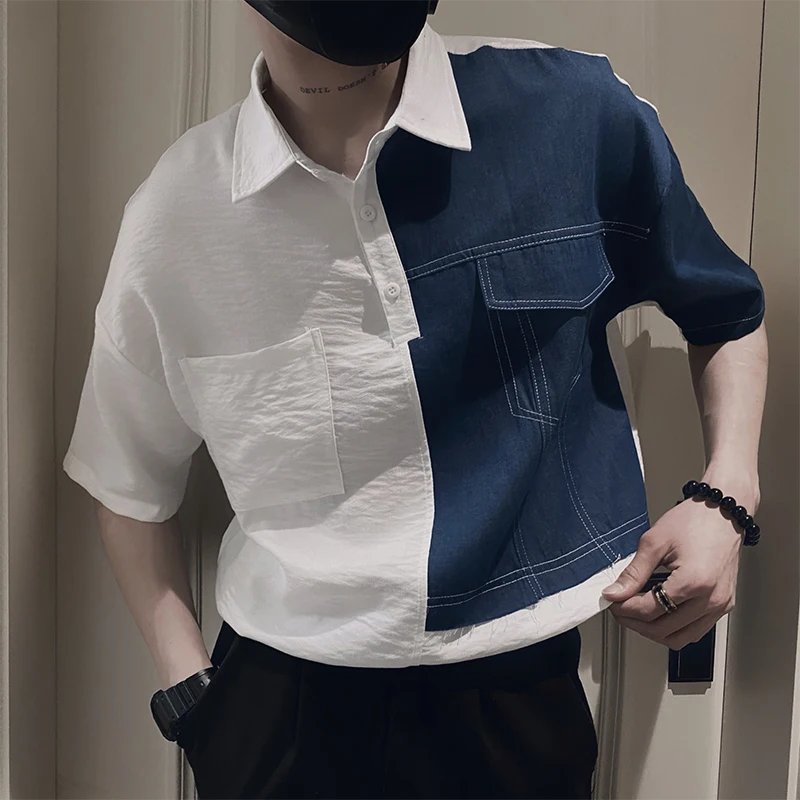 2023 Summer Summer Denim Patchwork Shirt Men Thin Short Sleeve Loose Casual Shirts Fashion Streetwear Social Party Pullover