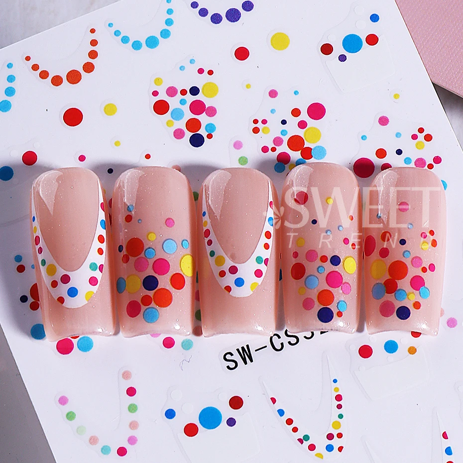 2pcs Graffiti Nail Art Stickers 3D Colorfull Round Dot French Line Design Adhesive Nail Decals Sliders DIY Manicure Decoration