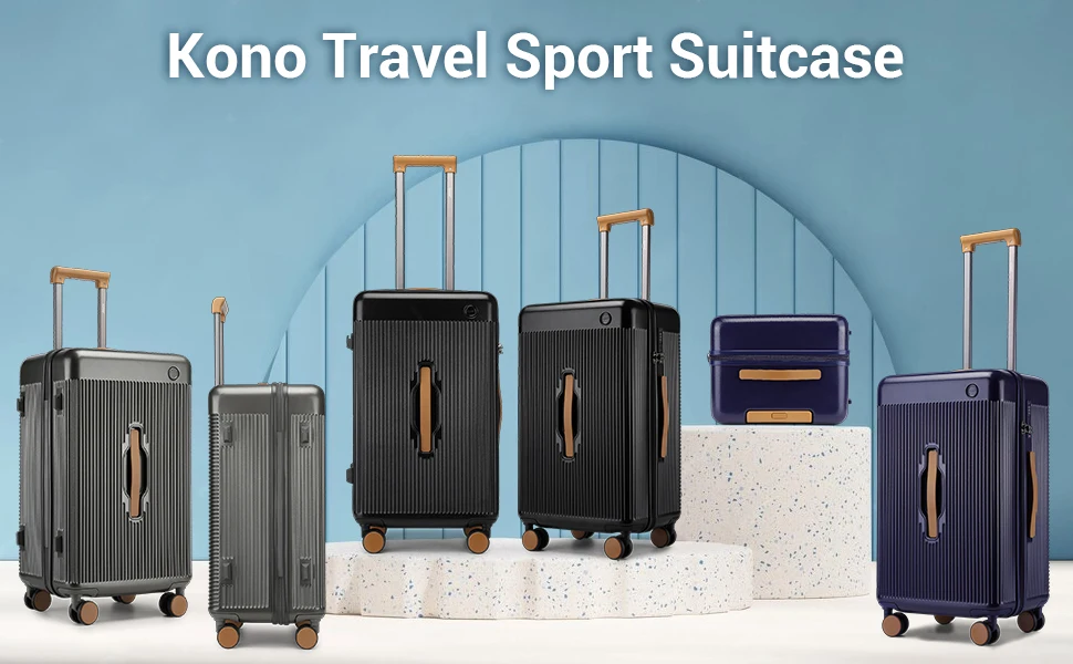 Kono Travel Sport Suitcase collection featuring six hardshell luggage pieces in various sizes and colors, including gray, blue, and gold.