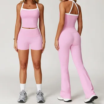Women's Clothes 2 Pieces Workout Tracksuit Yoga Set Sportswear Gym Clothing High Waist Bell-bottoms Sexy Fitness Bta Sports Suit 1