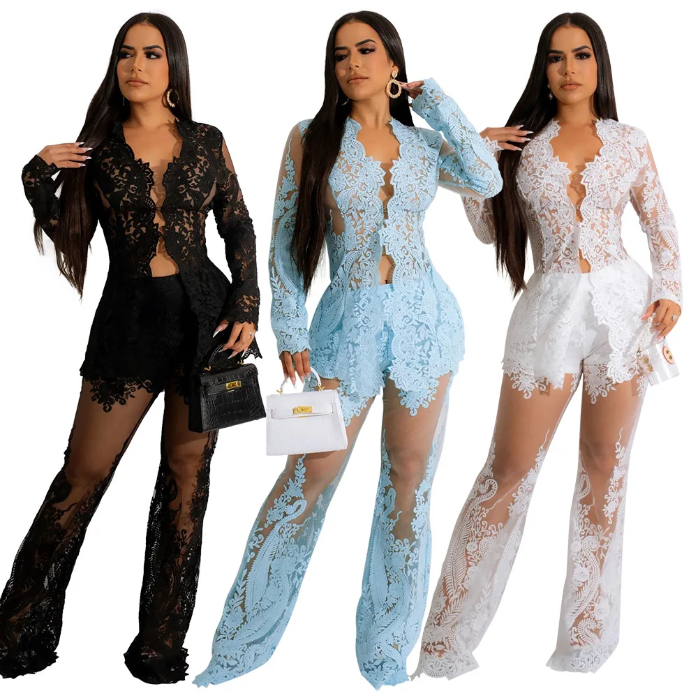 

Lace Embroidery Sheer Mesh 2 Piece Set Outfits for Women Long Sleeve Cardigan Coat Top Wide Leg Pants Suit Party Club Outfits