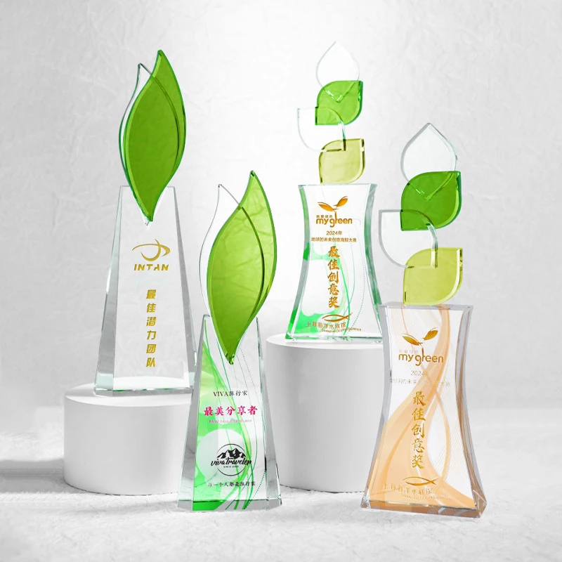 Customized Creative Green Crystal Trophy, Competition Award Annual Meeting Souvenir, Home Decor, Outstanding Staff Medal, 1Pc