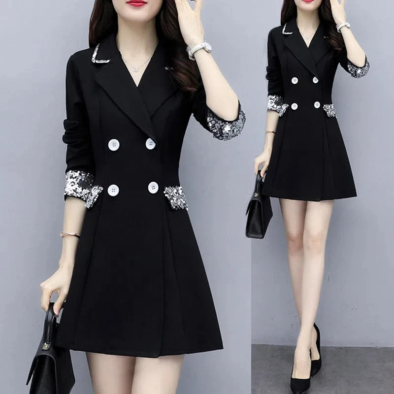 

Trench Coat Womens 2022 Spring Autumn New Fashion Slim All-match Casual Windbreaker Jacket Women Long Waist Sequin Outerwear