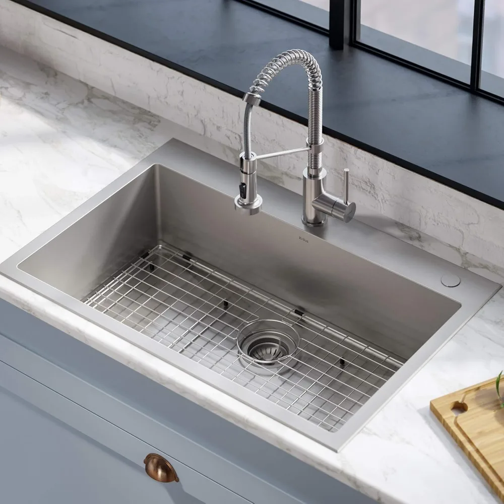 Dual Mount Drop Sink and Pull-Down Commercial Kitchen Faucet Combo in Stainless Steel Finish, 33"- Single Bowl
