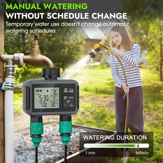 Haozee Smart Water Timer Intelligent 2-Outlet Irrigation Watering System Sprinkler Timer Garden Programmer IPX7 LCD Display 6