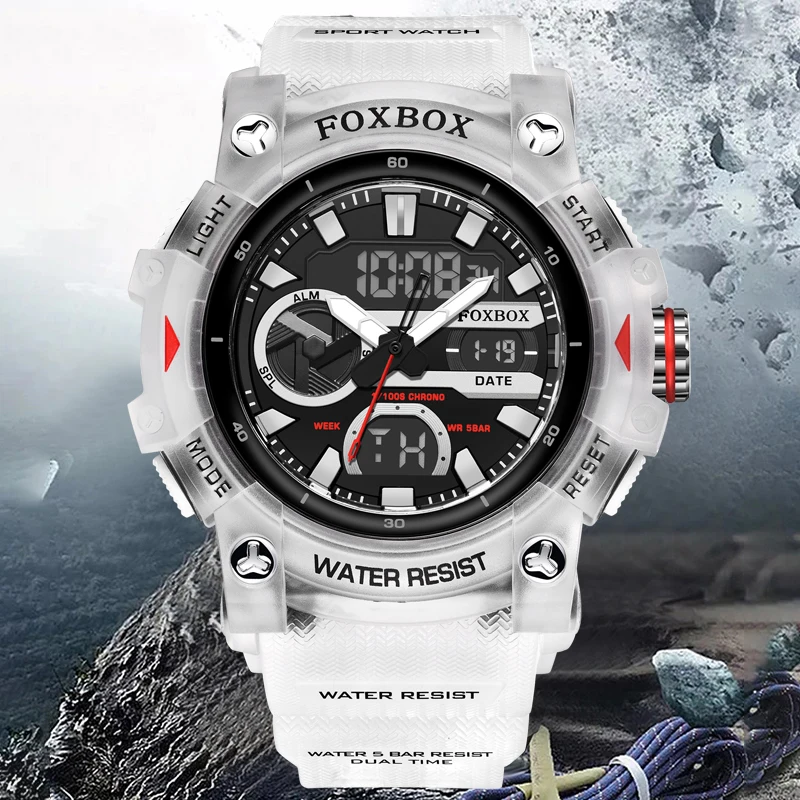FOXBOX Dual Display Watch Men Fashion White Silicone Sports Diving Watch For Men Waterproof Analog Digital Quartz Men's Watches