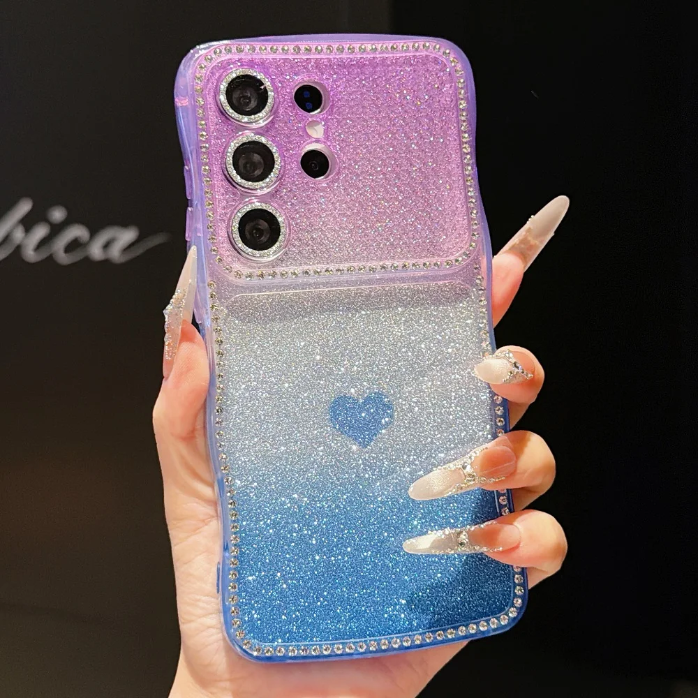 Super Glitter Diamonds Love Heart Phone Case with Wave Gradient and Camera Protection
