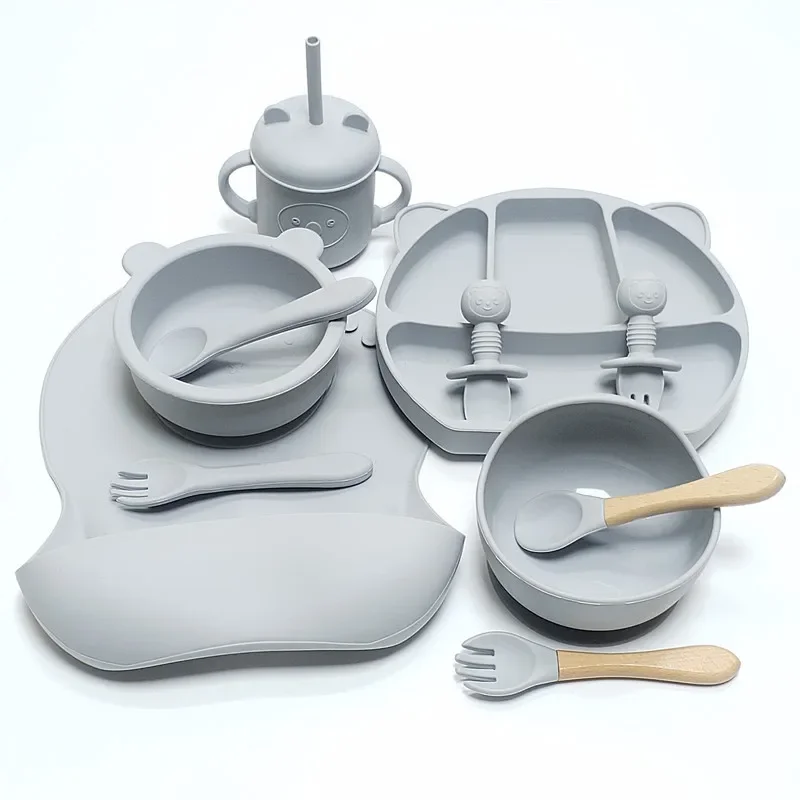 11pcs Children's Tableware Set Baby Silicone Bowl Set Baby Complementary Bowl Food Grade Silicone Fork Spoon Bowl 2