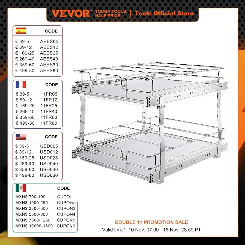 VEVOR Pull Out Cabinet Organizer, Chrome-Plated Steel Roll Out Drawers, Sliding Drawer Storage for Inside Kitchen Cabinet
