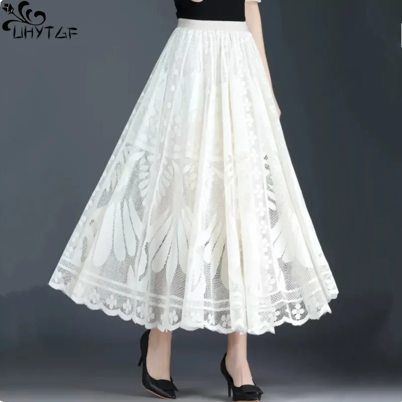 

UHYTGF Lace Ruffles Tulle Skirt Womens Spring Summer A-Line Long Skirt Office Ladies Big Swing Gauze Hollow Female Pleated Skirt
