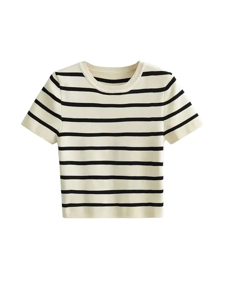 Suéter de punto recortado básico a rayas para mujer, jerséis Vintage de manga corta con cuello redondo, Tops elegantes