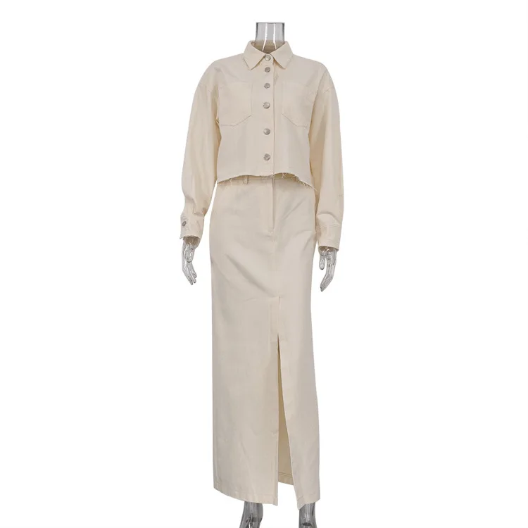 New Skirt Sets For Women Full Sleeve Shirt High waisted Split Long Skirt Two-Piece Solid Color Loose Lady Summer 2025 New