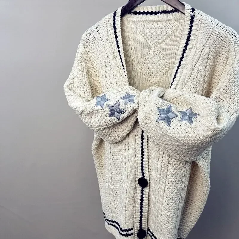 

Y2K Vintage Swift Knitted Cardigan Women Autumn Tay Star Embroidery Sweater Preppy Oversized Long Sleeve Top Streetwear