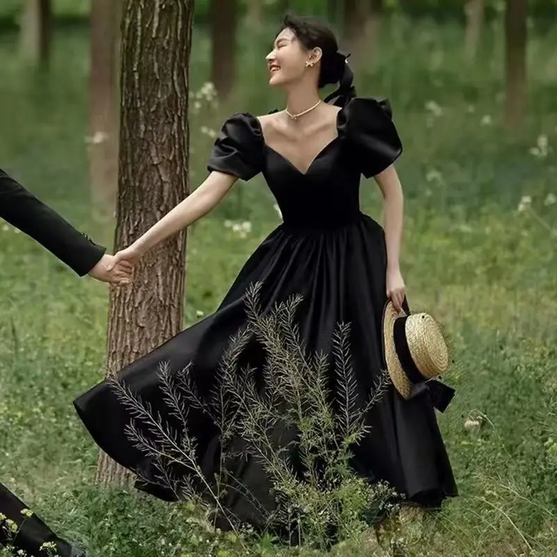 

Harajpee Retro Black Wedding Dress 2024 New French Forest Hepburn Style Satin Dresses Leisure Simplicity Photography Vestido