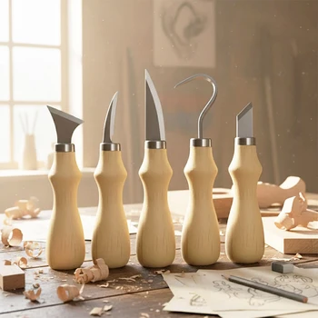 5pc Wood Carving Tools Set Oak Handle Curved Knife For Arts Crafts Tools For Hand Carving Wood Sharp Portable Natural Wood Color 1