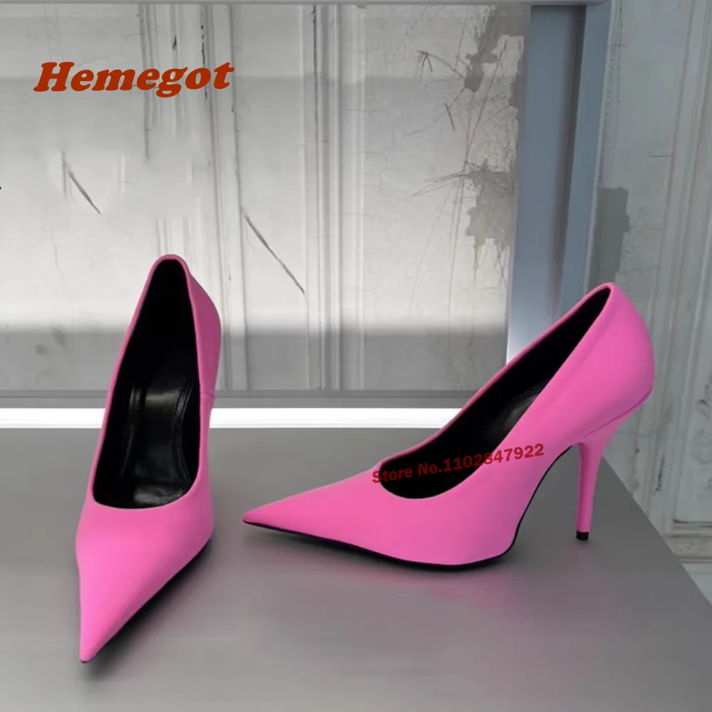 

Pink Pointy Toe Stiletto Pumps Shallow Solid Satin Slip On Newest Summer Runway Shoes Fashion Super High Heels Luxury Shoes Sexy
