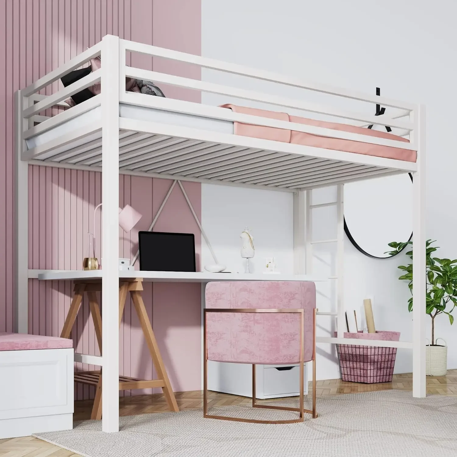 SHA CERLIN Metal Loft Bed Twin Size, Heavy Duty Loft Twin Bed Frame with Full-Length Guardrail & Removable Stairs, Noise-Free, 4