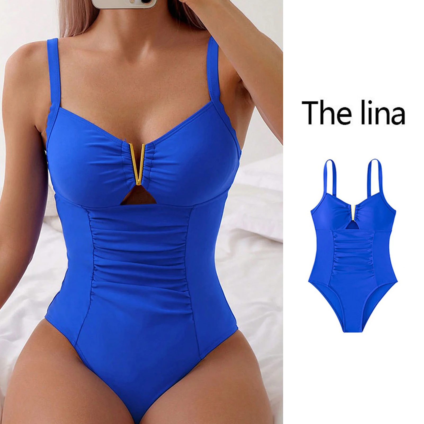 V-neck One-piece Bikini Swimsuit for Women Pleated Monokini Beachwear with Quick-drying Fabric Solid one piece swimsuit women swimwear