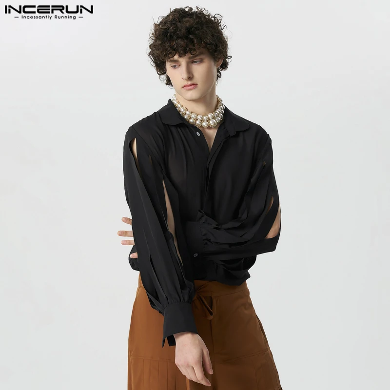 

2024 Men's Shirt Mesh Patchwork Lapel Long Sleeve Hollow Out Transparent Men Clothing Streetwear Fashion Casual Camisas INCERUN