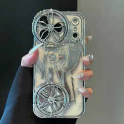 3D Motorcycle Design Clear Case with Fashion Gyro and Flip Bracket Lens Protection Cover - iPhone 15 Plus (Silver)