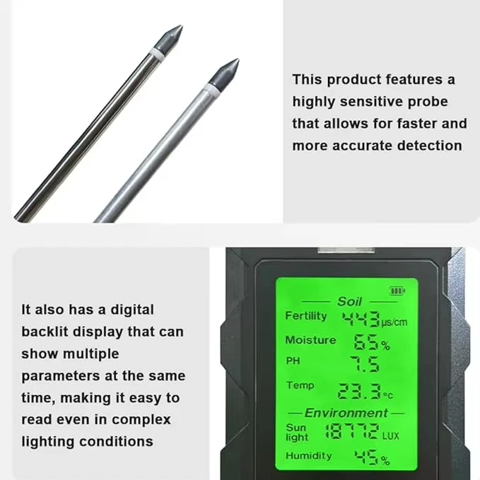 Digital 6 in 1 Soil Moisture Tester PH Meter Fertility Temperature Humidity Detector Sunlight Ambient Monitor for Plant Analyzer