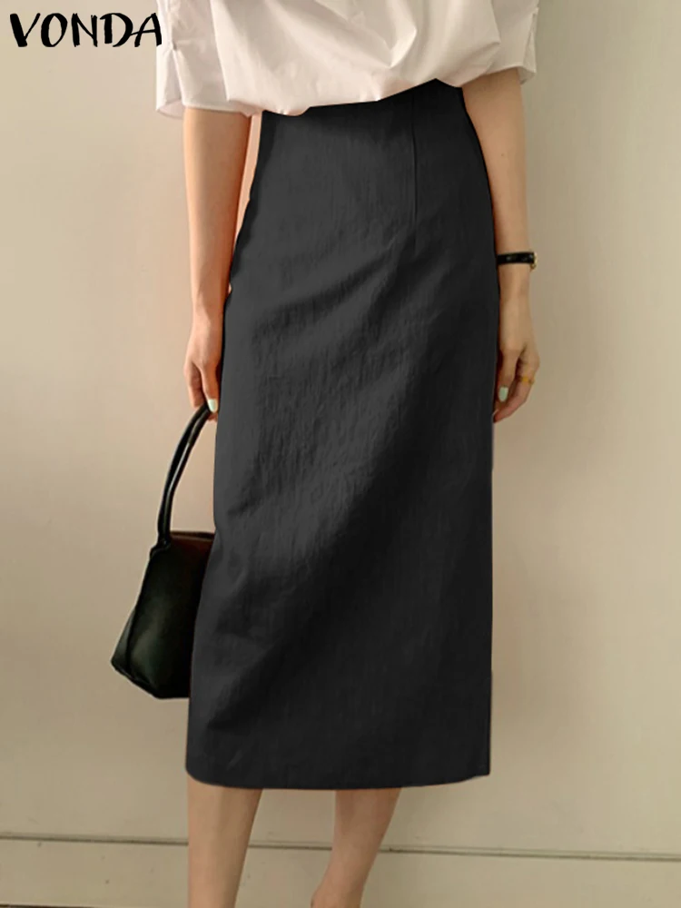 

VONDA Women Elegant Midi Skirts 2024 Summer Solid Color High Waist Long Skirt Casual Loose Slit Oversized Party Bottom Femme