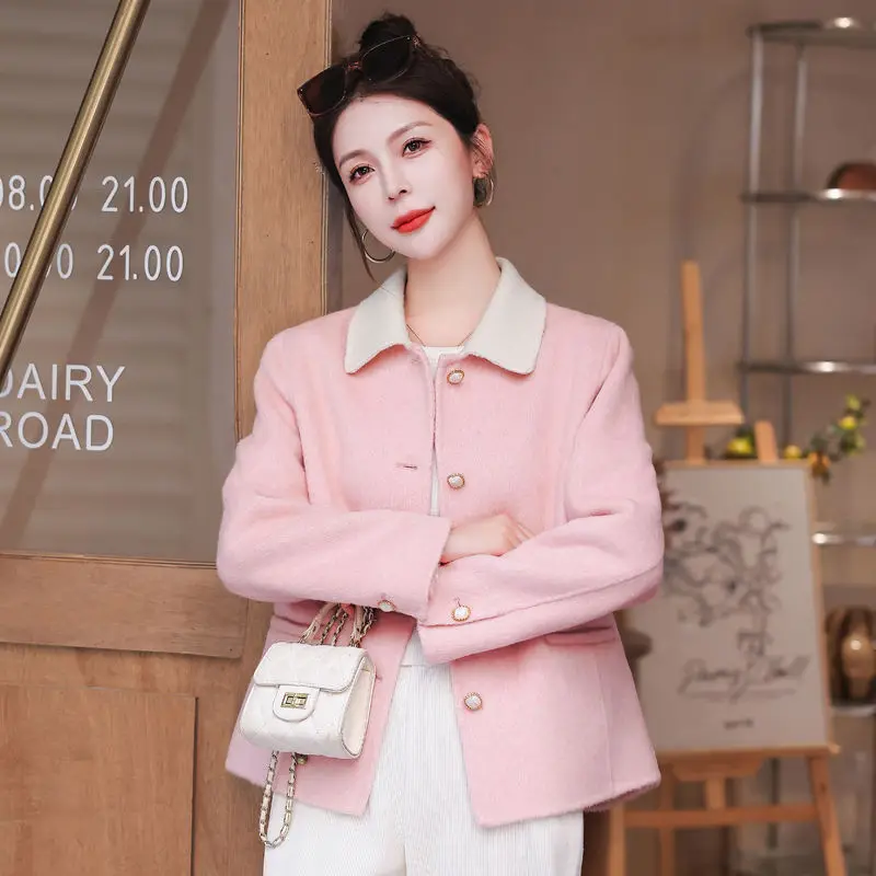 2023 Winter New Preppy Style Women Reversible Cashmere Coat Female Simple and Short Loose Casual Solid Color Wool Outcoat
