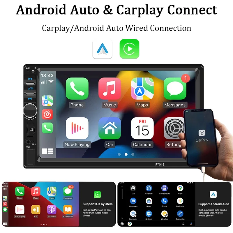 Hippcron Radio para coche de 7 pulgadas, 1 Din, Carplay, reproductor Multimedia Android para coche, pantalla táctil HD, Bluetooth, MirrorLink, autorradio, entrada FM AUX 3