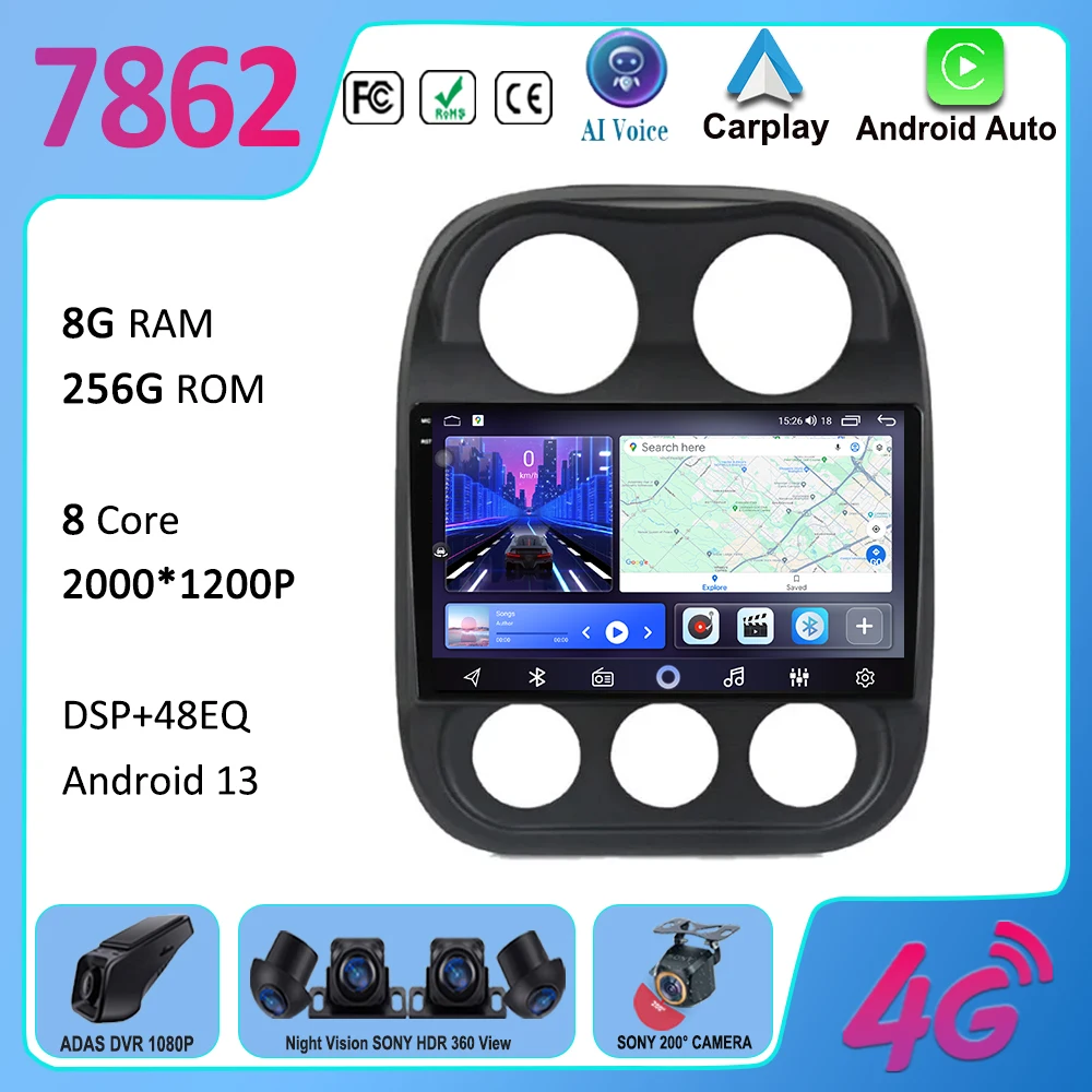 

Car Android 13 For Jeep Compass Patriot 2011 - 2017 Auto Radio Multimedia Player GPS Navigation Carplay QLED Screen No 2din DVD