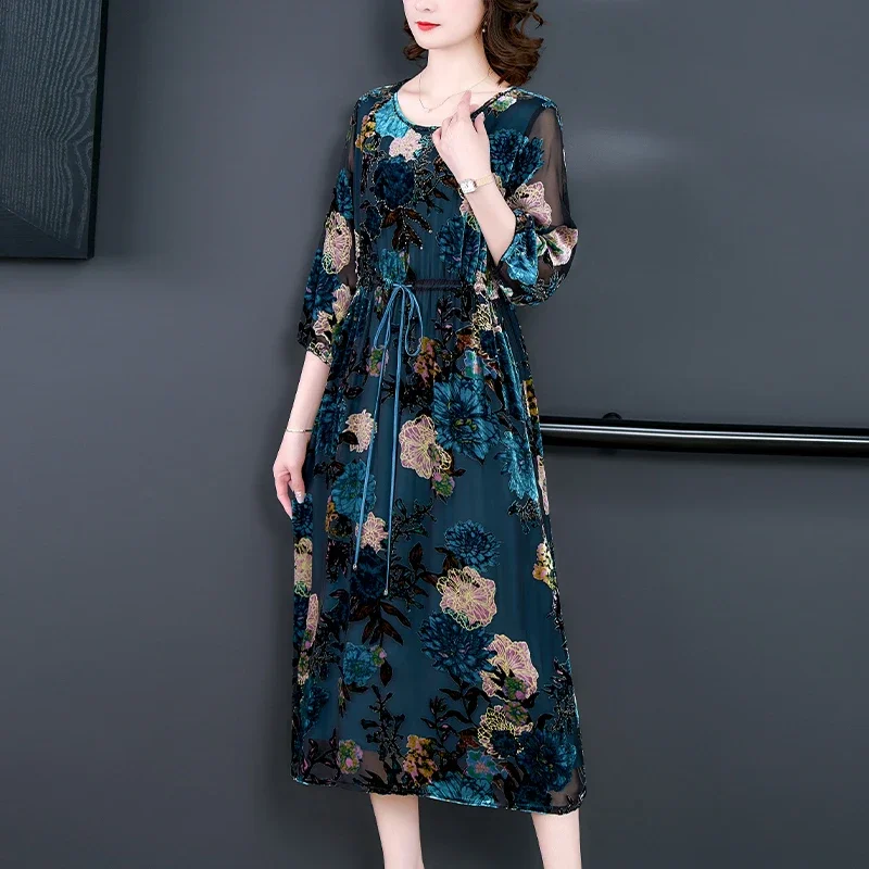 2024-green-velvet-patchwork-jacquard-midi-dress-women-chic-elegant-luxury-dress-autumn-winter-korean-vintage-night-dress