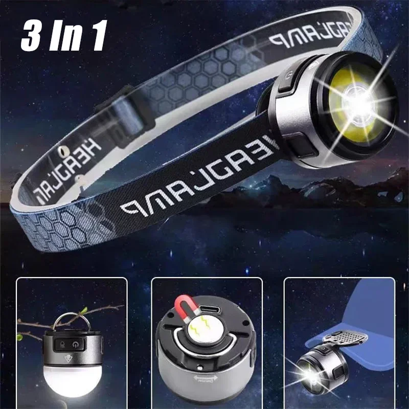 LED Headlamp Hat Clip Light USB Rechargeable Camping Light Waterproof Headlight with Strong Magnet COB Warning Lantern