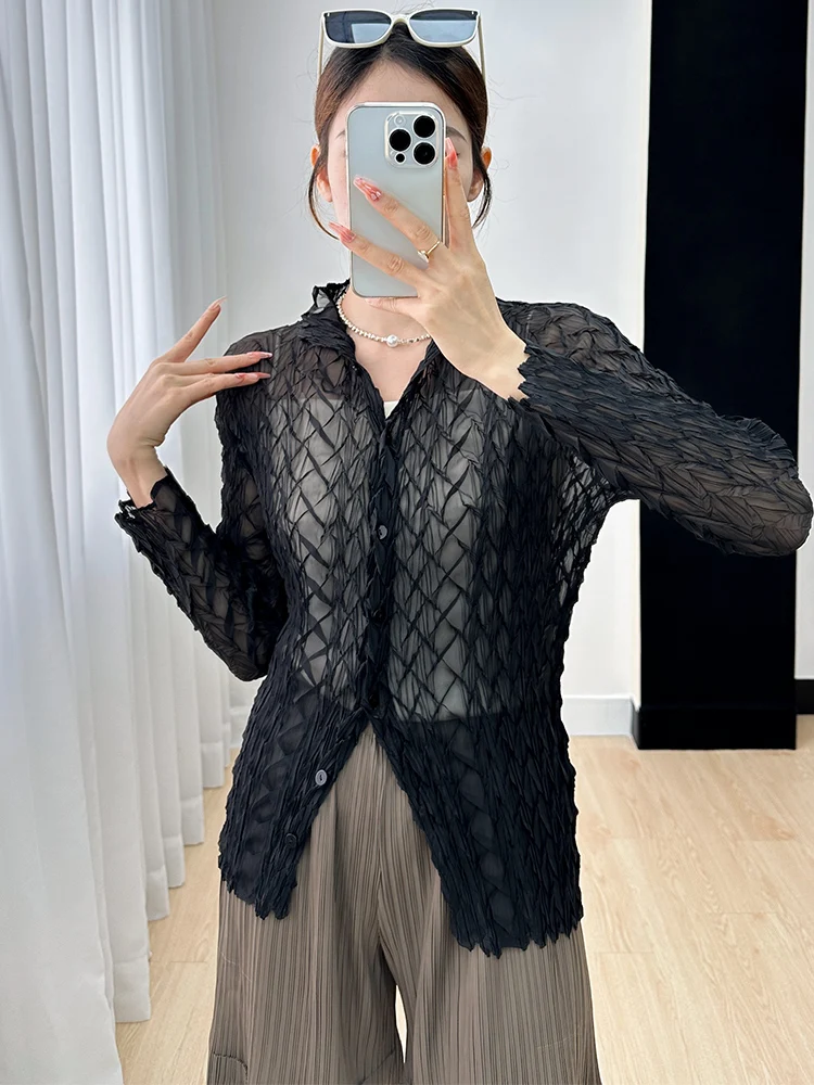 

Women's Sunscreen Shirt Pleated Top Women's Summer Thin Japanese Fit Comfortable Perspective Shirt Long Sleeve Cardigan Coat