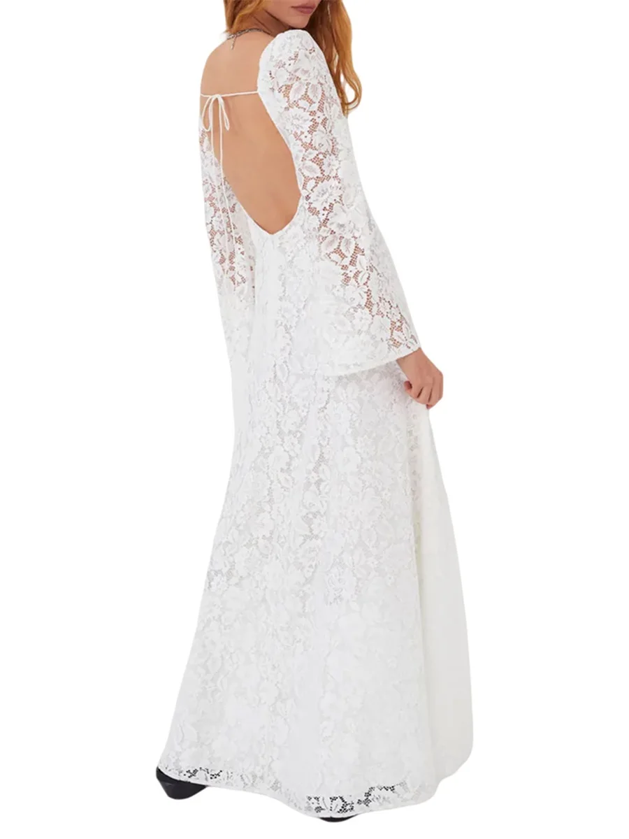 Women s High Split Long Dress Long Sleeve Deep V Neck Hollow Out  Fit Lace Dress