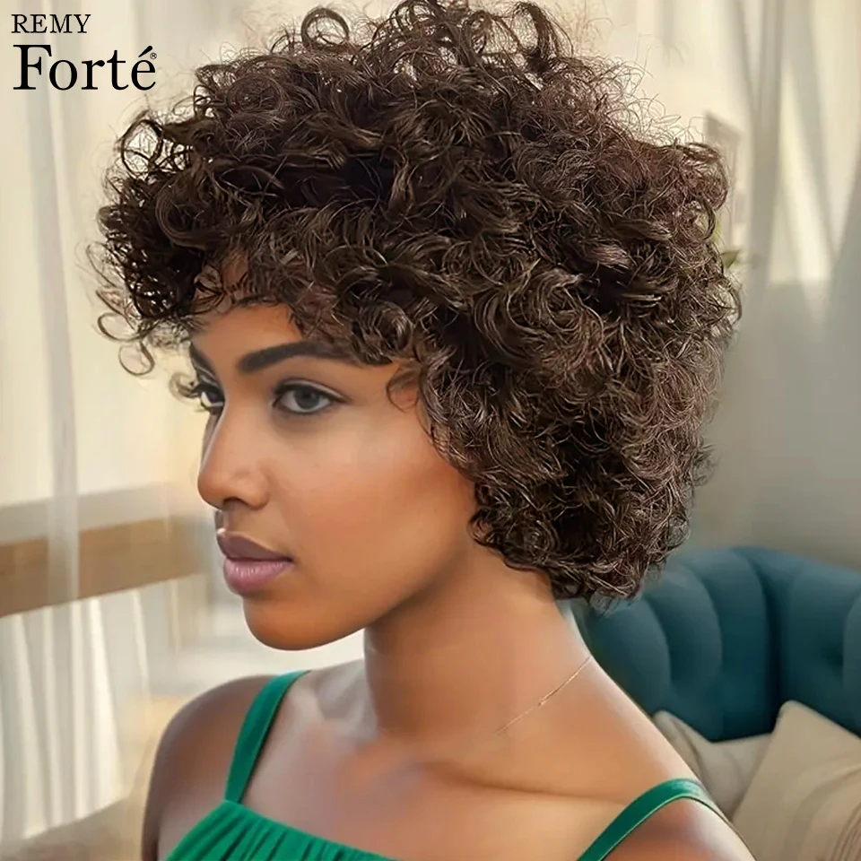 

Light Brown Afro Kinky Curly Bob Wigs Human Hair Full Machine Made Remy Wigs Short Curly Pixie Cut Bob Human Hair Wig For Women