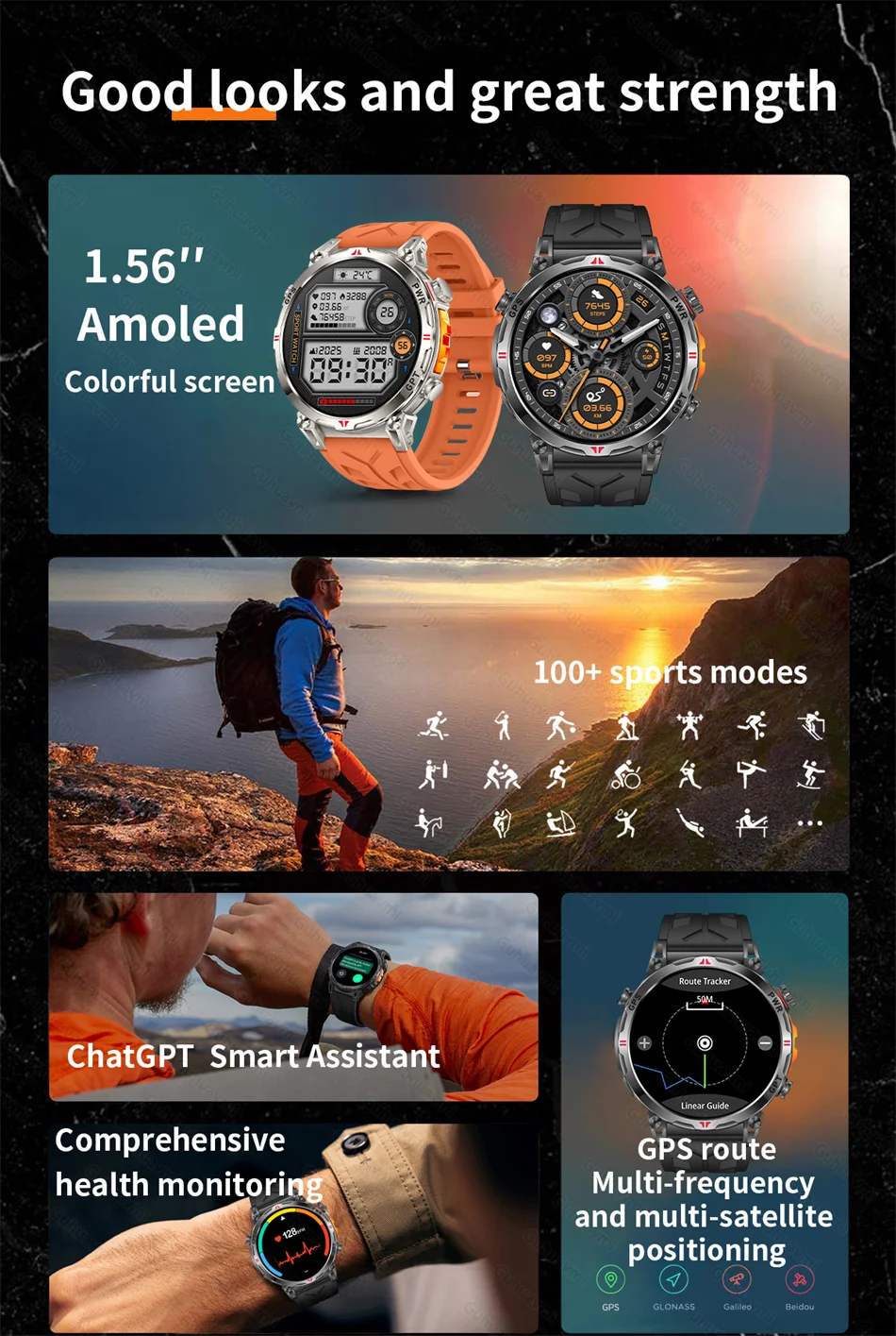 Smart Watches 1.56" AMOLED Screen GPS Fitness Tracking Compass 3ATM 650Mah Call 100+ Sports Smartwatch AI GPT For Android iOS