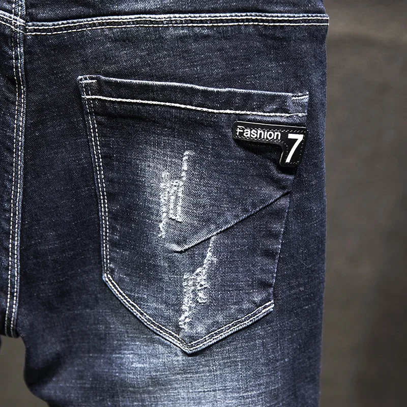 Ripped Jeans Men Slim-fit Denim Pants Cotton Korean Style Elasticity Versatile Men's Clothing
