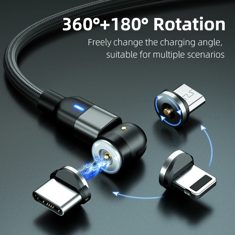 Câble magnétique USB C IPone rotatif à 540 ° Câble Micro USB pour iPhone 14 13 X 7 8s Pro Max Samung S20 21 Xiaomi Huawei Chargeur Cordon_voghion.com