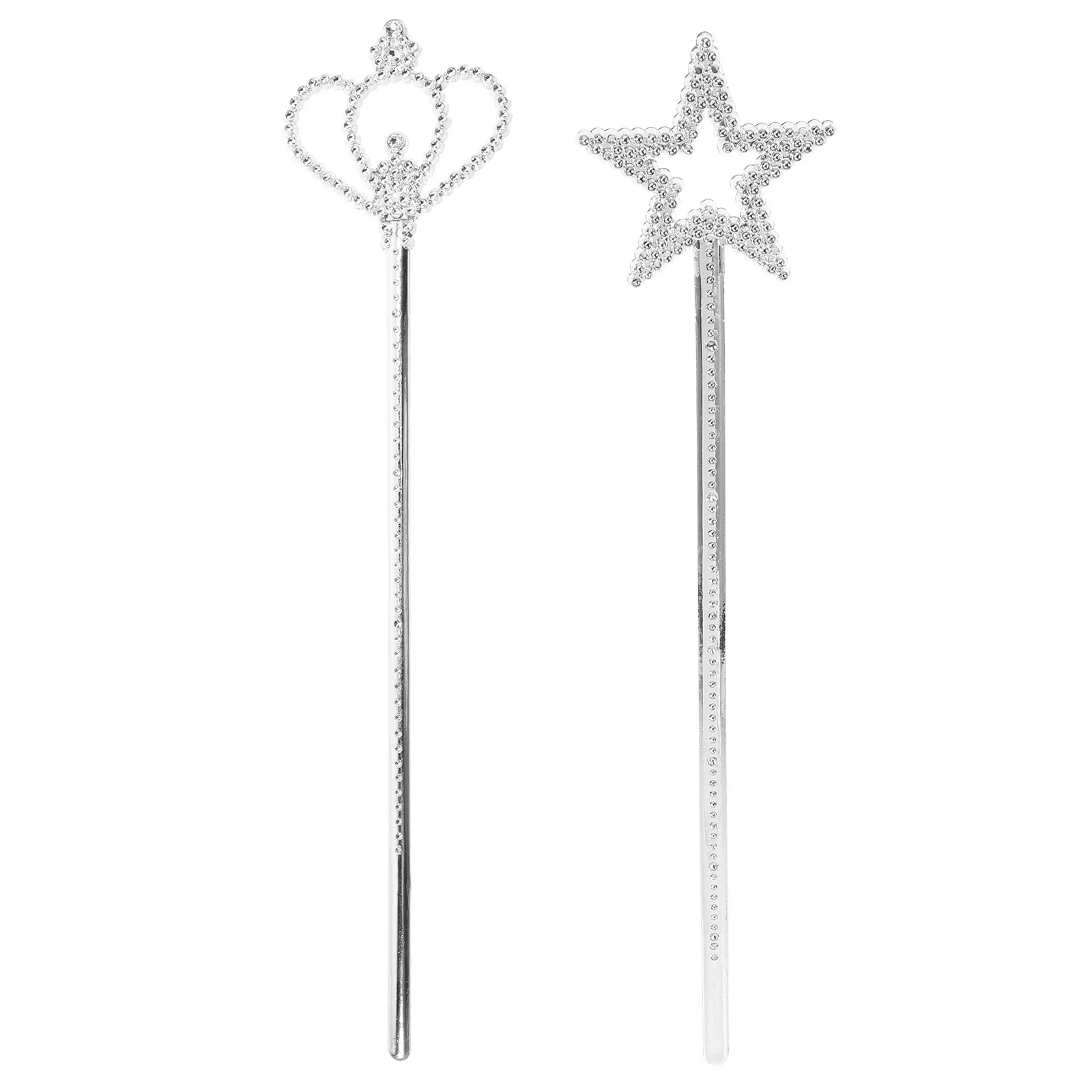 여자를위한 2Pcs 실버 도금 크라운 완드 금속 요정 공주 마법사 척 놀이 소품 무대 액세서리 펜타그램